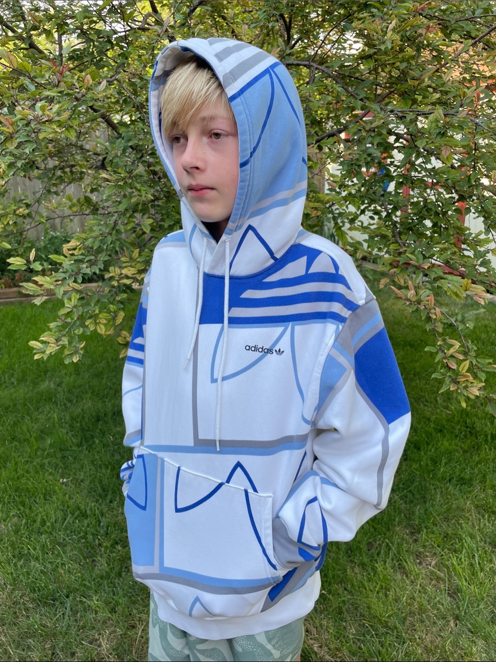 adidas White, Light Blue & Royal Graphic Kids Hoodie